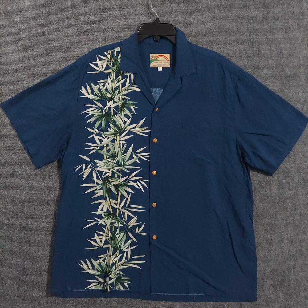 Paradise Found Shirt Mens Large Blue Bamboo Hawaiian Rayon Button Up Aloha